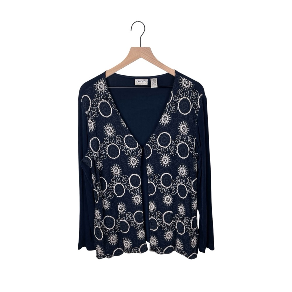 Chico's Travelers Navy Blue White Circle Embroidered Cardigan Sweater Size XL- 3